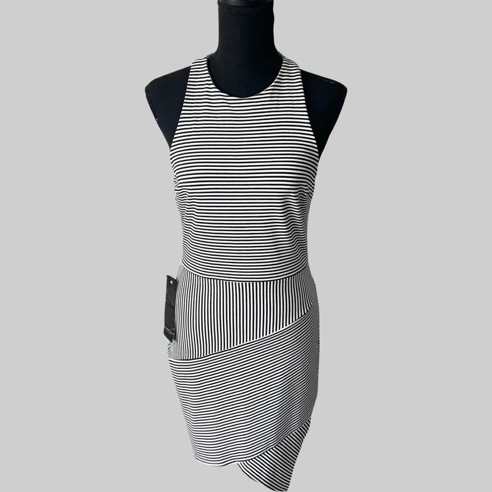 Bebe Short Asymmetrical Striped Stretch  Mini Dress